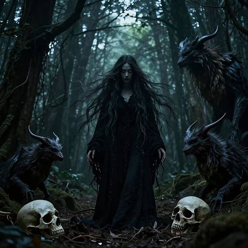 Dark forest scene: eerie figure with long black hair and tattered cloak stands between two horned creatures, surrounded by two skulls. Digital artwork with blue