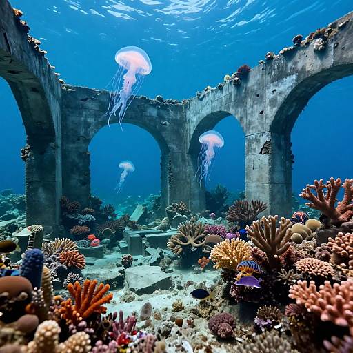 Photograph of an underwater coral reef scene with three glowing jellyfish floating above ancient, ruined stone arches, surrounded by vibrant coral and sea life.