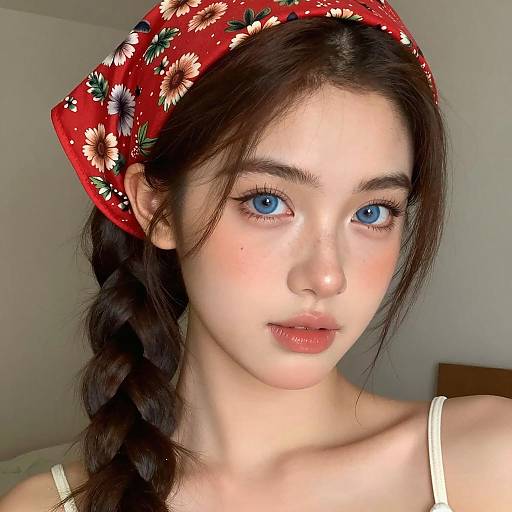 Young Woman with Blue Eyes and Red Floral Headscarf