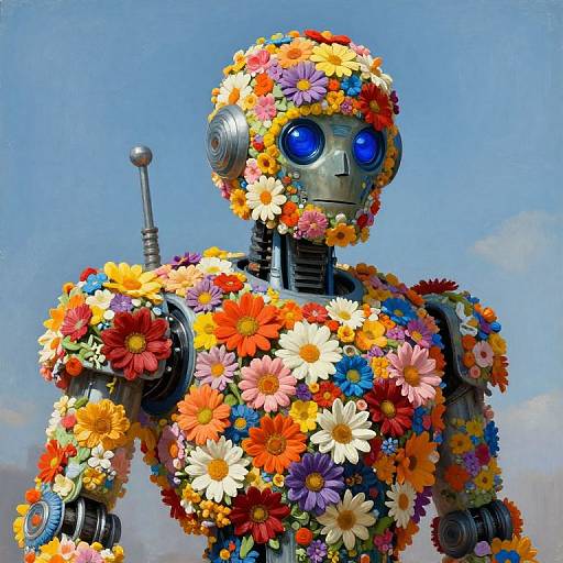 Photorealistic digital art of a robotic figure adorned with vibrant, multicolored flowers covering its metallic body, with large blue eyes, against a clear