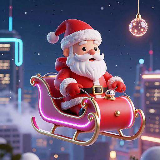 CGI image of a chubby, cartoon Santa Claus with a white beard, red suit, and hat, flying a glowing pink sleigh over a neon