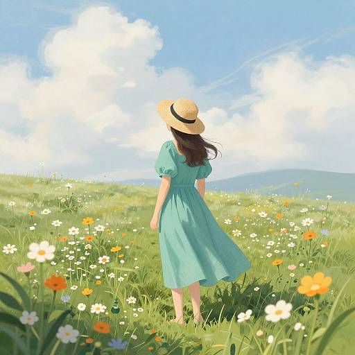 Digital illustration: Woman in turquoise dress and straw hat walks through a sunny, flower-filled meadow with blue sky and white clouds.