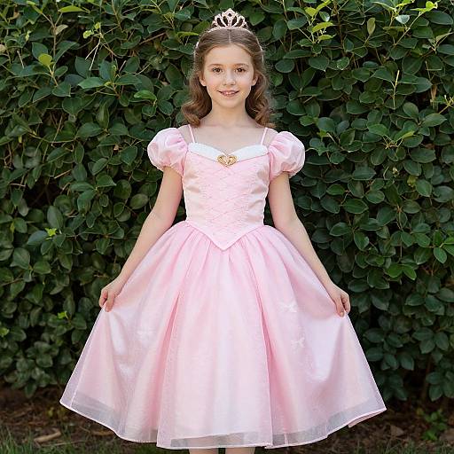 Photograph of a young girl with fair skin and brown hair, wearing a pink satin princess dress, white puffed sleeves, tiara, and standing