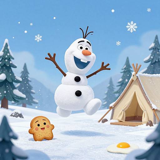 Digital illustration of a joyful snowman with black buttons, carrot nose, and stick arms, standing in a snowy forest beside a tent and a smiling cookie
