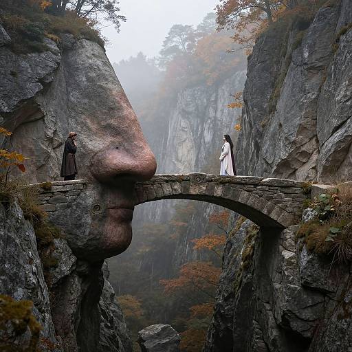 Photograph of a surreal scene: two people, one in black, one in white, walk on a stone bridge with a giant face carved into a