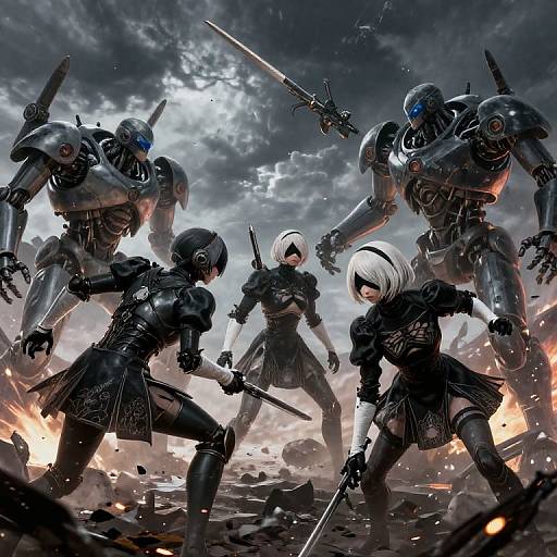 Digital artwork of Nier: Automata battle scene: three black-haired female warriors in gothic armor fight four towering, glowing blue robotic enemies amidst a
