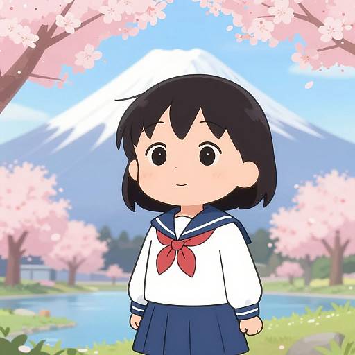 Cute Schoolgirl by Mount Fuji