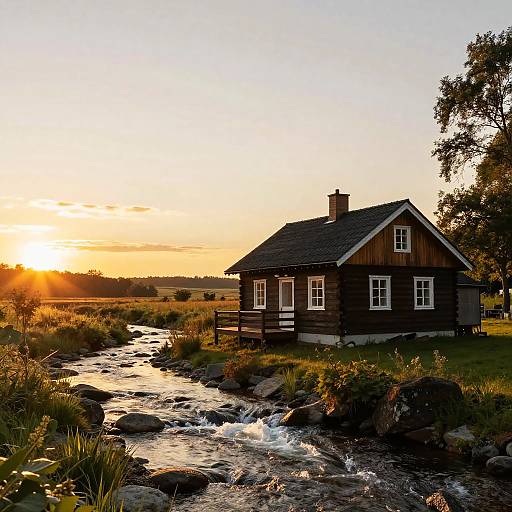 Photograph of a wooden cottage at sunset, with golden sunlight, a flowing creek, and lush greenery in the foreground.