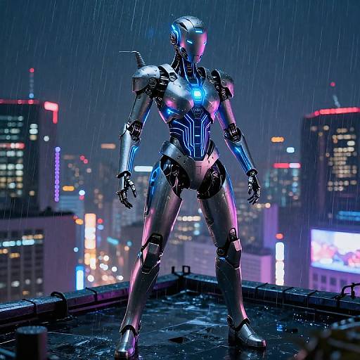 CGI cybernetic warrior standing on a rainy rooftop at night, glowing blue neon lights illuminating its metallic body against a cityscape backdrop of illuminated