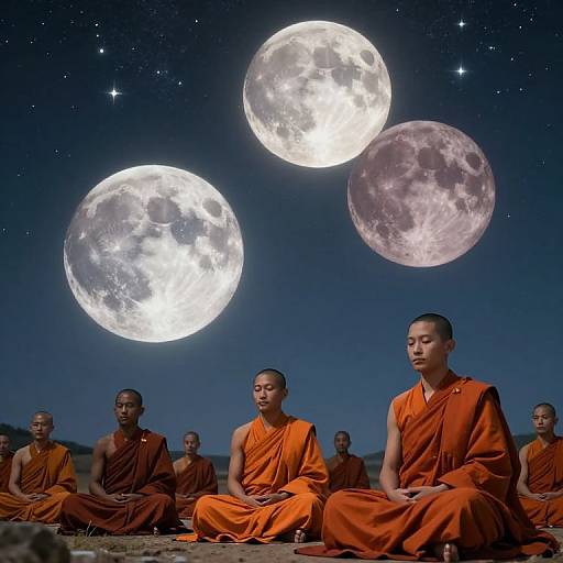 Photograph of seven Buddhist monks in orange robes meditating under a starry night sky with three large, glowing full moons.
