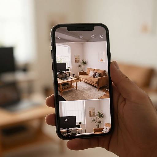 Photograph of a hand holding a smartphone displaying a modern living room with a beige sofa, wooden coffee table, and potted plant. Blurred background