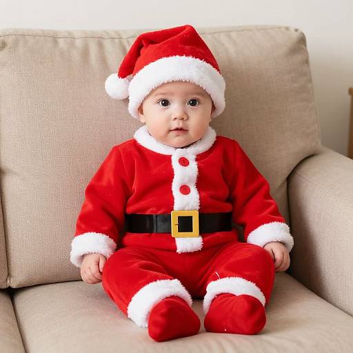 Photograph of a baby in a red Santa outfit with white trim, black belt, and hat, sitting on a beige couch.