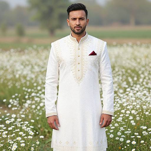 Elegant Man in Sherwani Among Daisies