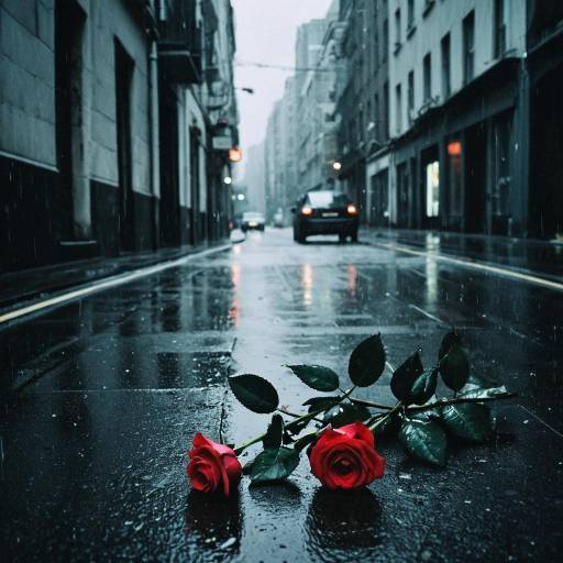 Red Roses on Rainy Urban Street