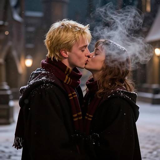 Photograph of a blonde man and a brunette woman kissing, both wearing dark coats with red scarves, amidst a snowy, nighttime city street with blurred