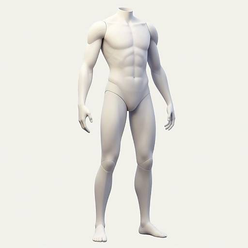 Digital 3D rendering of a muscular, white, faceless male figure in a form-fitting, white bodysuit, standing against a plain