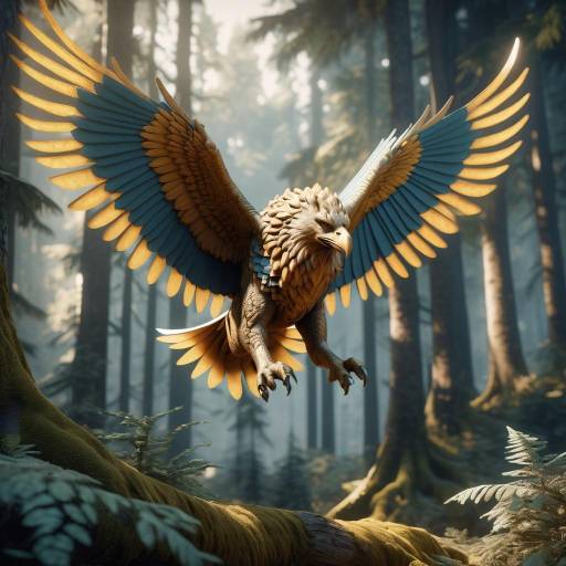 Majestic Griffin Soaring Over Mystical Forest Majestic Griffin Soaring Over Mystical Forest