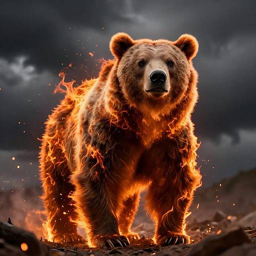 Photorealistic digital artwork of a fierce, flaming brown bear standing on a rocky ground under a dark, stormy sky.