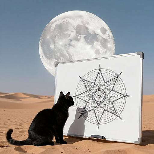 Photograph of a black cat sitting in a desert, gazing at a whiteboard with a detailed star mandala drawing, under a bright full moon
