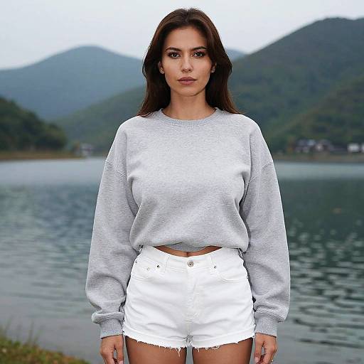 Photograph of a young woman with long brown hair, wearing a light gray sweater and white high-waisted shorts, standing by a lake with mountains
