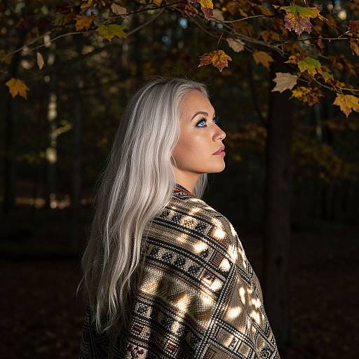 Photograph of a silver-haired woman with blue eyes, wearing a patterned gold and black sweater, standing in a dark forest with autumn leaves casting light