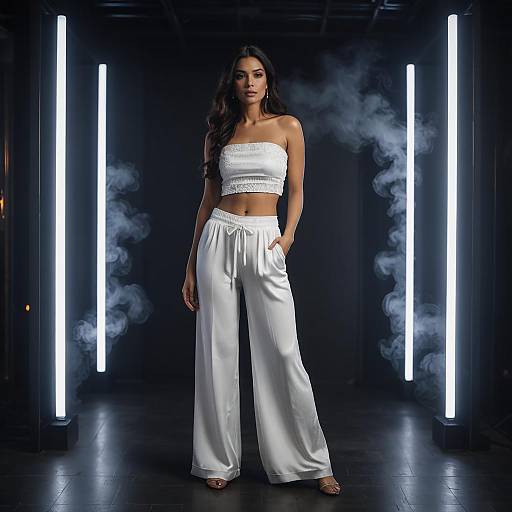 Woman in White Tube Top and Silk Pajama Pants