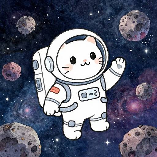 Cute cartoon astronaut with white spacesuit and smiling face floats in colorful, starry space surrounded by detailed, textured asteroids. Digital illustration.