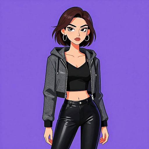 Digital drawing of a confident woman with short brown hair, wearing a black crop top, gray hoodie, and black leather pants, against a solid purple background