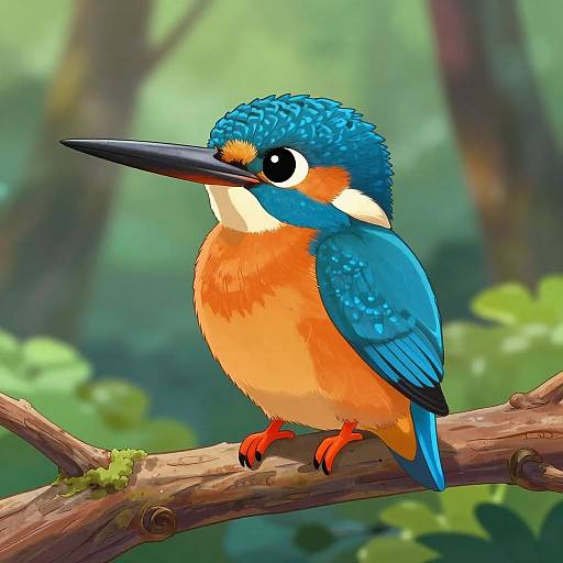 Vibrant digital illustration of a plump, blue and orange kingfisher with black beak perched on a mossy branch in a lush