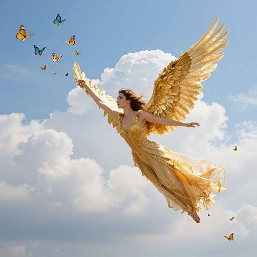 Photograph of a winged woman in a golden dress, floating in a bright blue sky with white clouds, releasing colorful butterflies.