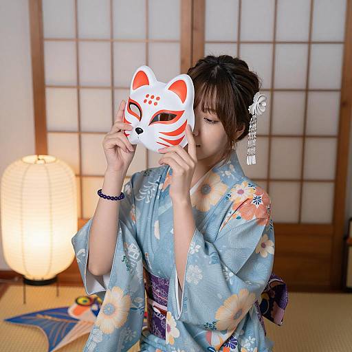 Serene Asian Woman in Kimono Setting