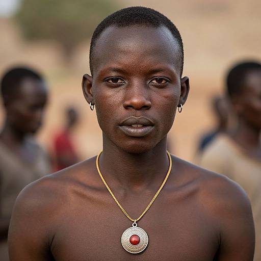 Photograph of a shirtless, dark-skinned young man with short hair, wearing a gold necklace with a red and white circular pendant, standing outdoors
