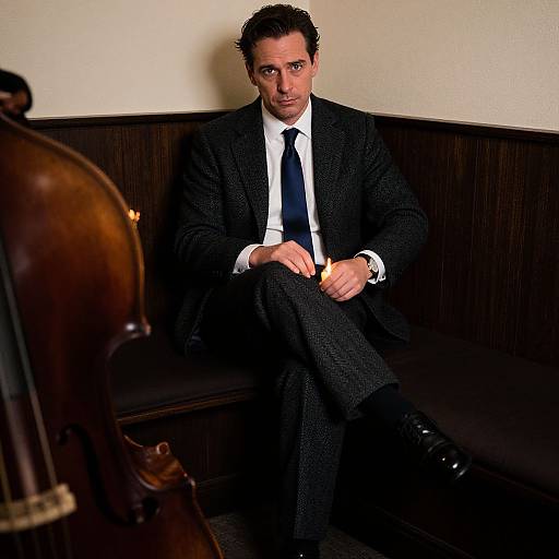 Photograph of a man with short, dark hair, wearing a black suit, white shirt, and black tie, sitting on a wooden bench, looking