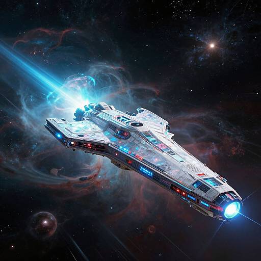 Photorealistic CGI of a futuristic, glowing white spaceship with blue and red lights, flying through a cosmic, star-filled space.