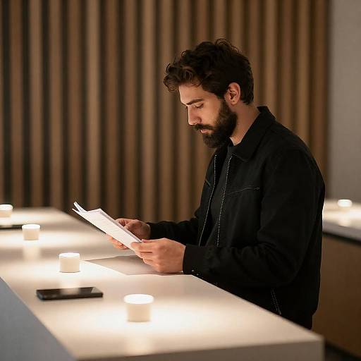 Bearded Man Reading at Illuminated Counter