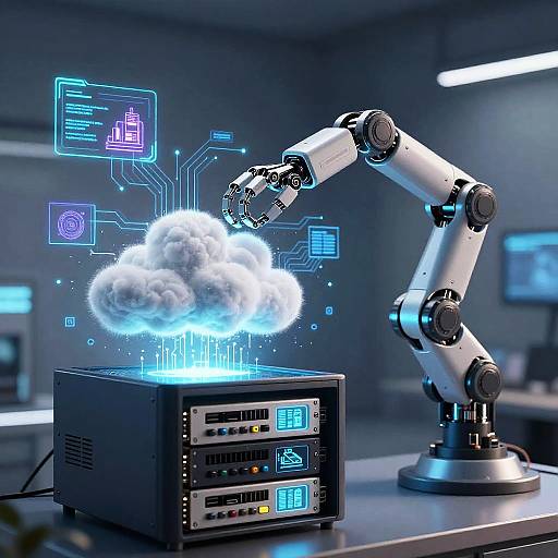 Digital art of a futuristic robotic arm interacting with a glowing cloud above a server rack in a high-tech lab.