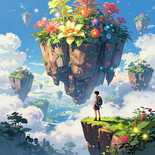 Digital anime-style artwork of a young boy with a backpack standing on a floating cliff, surrounded by vibrant, flower-covered floating rock islands in a bright,
