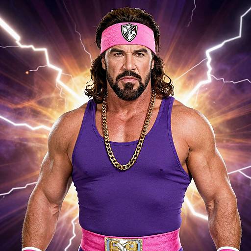 Muscular man with long dark hair, beard, pink headband, blue tank top, gold chain, pink waistband, lightning background, WWE logo