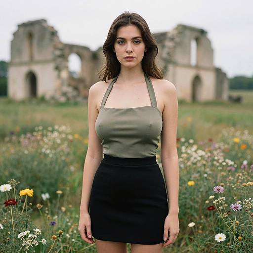 Photograph of a young woman with fair skin and dark brown hair, wearing a green halter top and black skirt, standing in a wildflower me