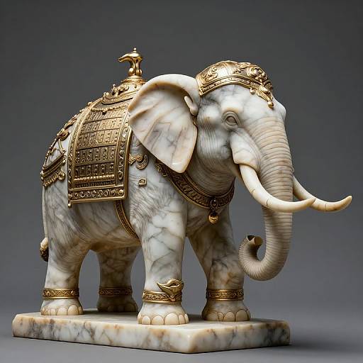 Detailed photograph of an ornate, white marble elephant statue with gold accents, intricate patterns, and a royal headpiece, standing on a marble base against