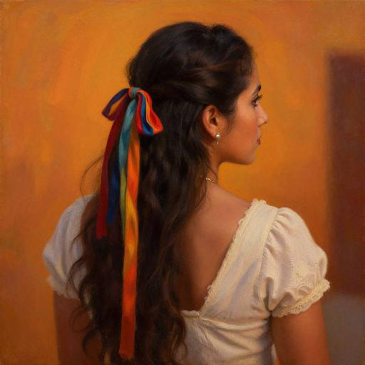 Photograph of a young woman with long, dark hair tied in a colorful ribbon, wearing a white, short-sleeved lace dress, against a