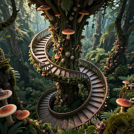Colossal Spiral Staircase with Sentient Fungi