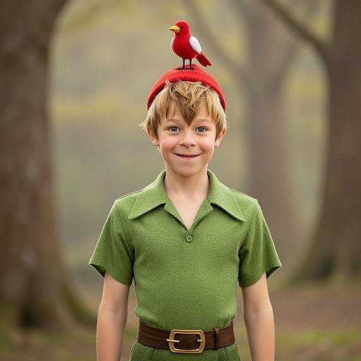 Photograph of a young boy with blonde hair, wearing a green tunic and red hat, topped with a small red bird, standing in a blurred