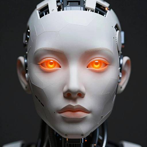 CGI image of a white, robotic humanoid with glowing orange eyes, metallic head, and black background. The face is smooth, with visible cracks and