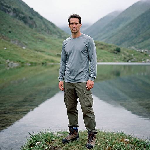 Photograph of a man with short dark hair, wearing a light gray long-sleeve shirt, olive cargo pants, and brown hiking boots, standing