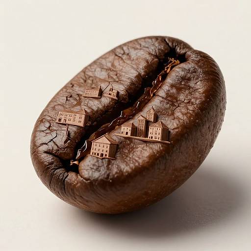 Photograph of a cracked, dark brown cocoa pod with intricate, small, pinkish-brown miniature city buildings carved into its surface.