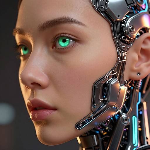 Close-up CGI of a young woman with glowing green eyes and cybernetic enhancements, featuring metallic components on her face and neck against a dark, blurred