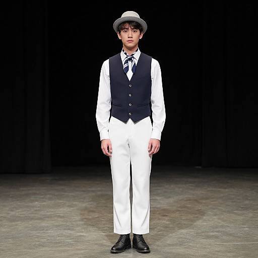 Photograph of a young Asian male model in a black vest, white shirt, tie, white pants, and black shoes, wearing a gray fedora
