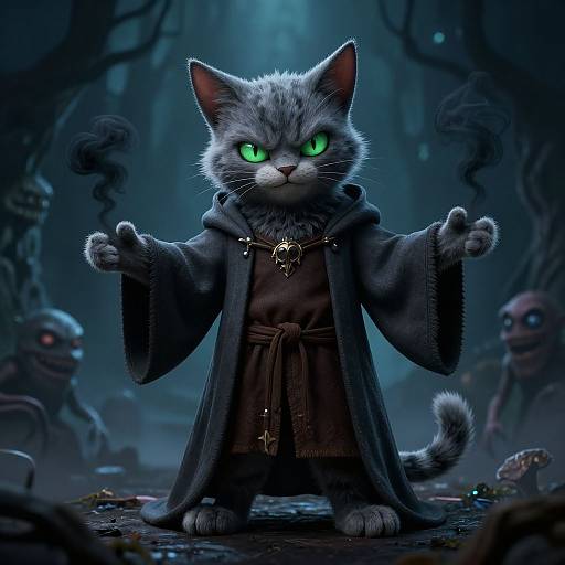 Digital artwork of a fierce, gray tabby cat with glowing green eyes, wearing a dark wizard robe and skull necklace, standing in a mystical, fog