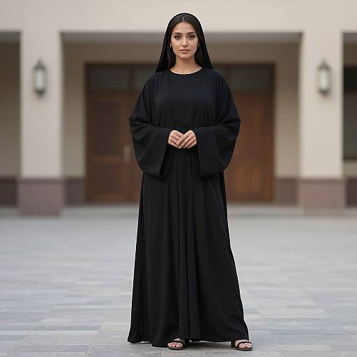 Photograph of a woman with long black hair, wearing a long black robe, standing in a blurred outdoor courtyard with wooden doors and lanterns in the